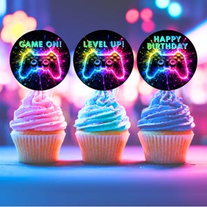 Video Game Birthday Cupcake Toppers Level Up Party 2in 2.5in Digital Download Only