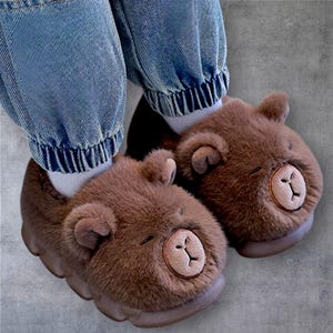 May include: Brown bear-shaped slippers with a plush, furry texture. The slippers have a bear face design with a light brown nose and closed eyes. The soles are a darker brown. The slippers are worn with blue jeans.