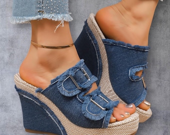 Sandalias de cuña de mezclilla, mules con flecos deshilachados, sandalias de plataforma tejidas, tacones estilo western
