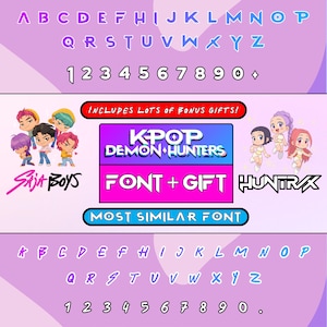Puede incluir: Gráfico que presenta un conjunto de fuentes con letras, números y el texto "KPOP DEMON HUNTERS". La imagen incluye personajes de dibujos animados y las palabras "FONT + GIFT" y "MOST SIMILAR FONT".