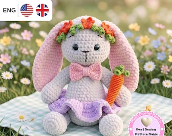 Cute Bunny & Carrot Crochet Pattern PDF, Amigurumi Bunny with Dress and Bow Pattern, Easter Bunny Toy Pattern, Plush Rabbit Crochet Pattern