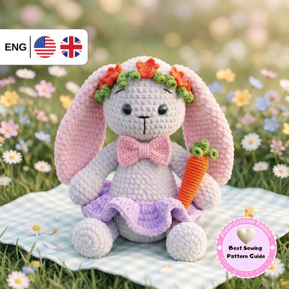 Cute Bunny & Carrot Crochet Pattern PDF, Amigurumi Bunny with Dress and Bow Pattern, Easter Bunny Toy Pattern, Plush Rabbit Crochet Pattern