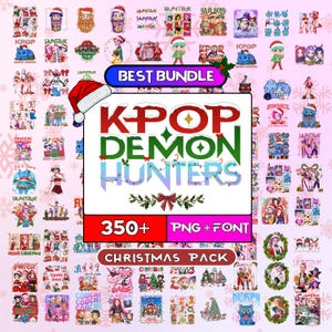 Puede incluir: Un paquete digital navideño con gráficos de K-Pop Demon Hunters. La imagen incluye una variedad de ilustraciones, el texto "BEST BUNDLE", "350+", "PNG + FONT" y "CHRISTMAS PACK". La combinación de colores es festiva con rojo, verde y blanco.