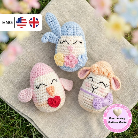 Easter Trio Egg Crochet Pattern PDF – Bunny, Chick & Lamb Amigurumi – Spring Home Decor – Cute Egg Plush Toy – Instant Download