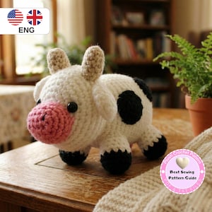 May include: A handmade crochet cow plushie with a white body, black spots, and black hooves. The cow has a pink muzzle and small beige horns. The plushie is sitting on a wooden surface.