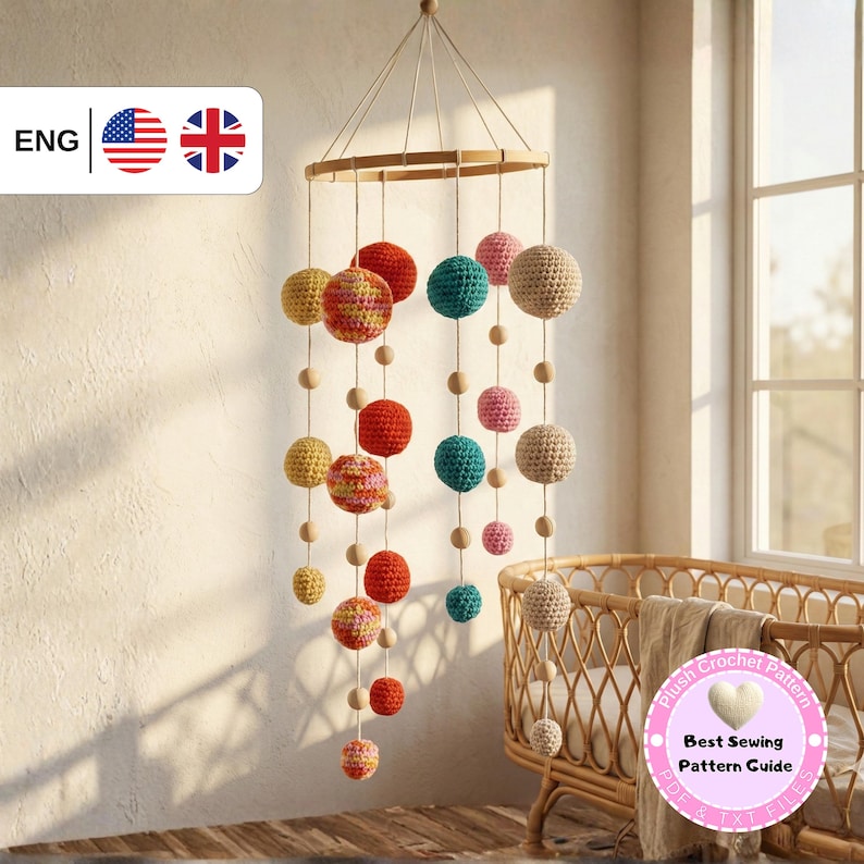 May include: A colorful, handmade baby mobile featuring crochet spheres in various sizes and colors, including red, yellow, teal, pink, and beige. The spheres are suspended from a wooden ring with wooden beads, creating a decorative nursery accent.