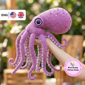 May include: A handmade, plush, purple octopus with large, round eyes and eight curling tentacles. The octopus is crocheted with a textured stitch and features white accents on the tentacles. The image includes text that says "Best Sewing Pattern Guide".