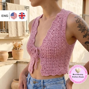 Eloise Top Crochet Pattern PDF, V Neck Crochet Top Pattern, Sleeveless Summer Tank Top, Tie Front Vest Pattern, Beginner Friendly Top