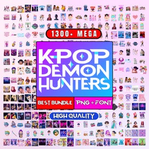 Pode incluir: Um pacote de arte digital com o texto "KPOP DEMON HUNTERS" em um design gradiente azul e roxo. A imagem inclui o texto "1300+ MEGA", "BEST BUNDLE PNG + FONT" e "HIGH QUALITY". O fundo é preenchido com vários gráficos temáticos de K-pop.
