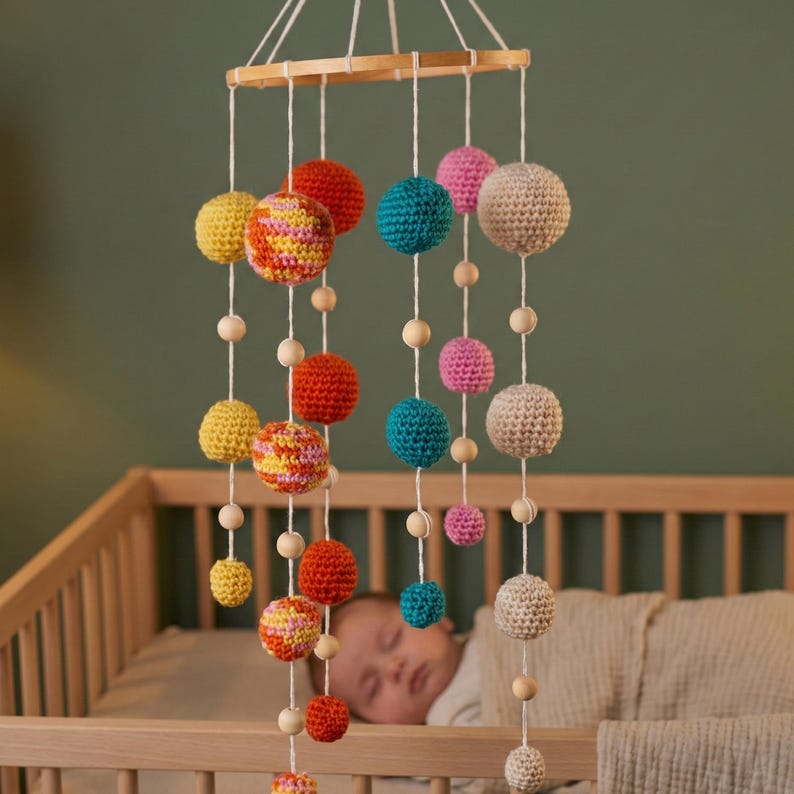 May include: A colorful baby mobile with crochet spheres in various colors, including yellow, orange, teal, pink, and beige. The spheres are suspended from a wooden frame with wooden beads. The mobile hangs above a baby in a crib.