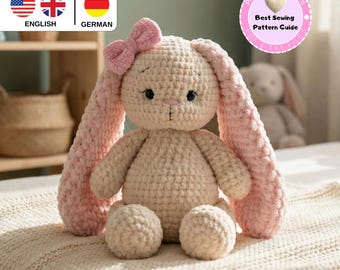 May include: A handmade plush bunny with long, floppy pink ears and a matching bow. The bunny is beige with black eyes and a stitched nose. The image also includes text that says "Plush Crochet Pattern" and "Best Sewing Pattern Guide".