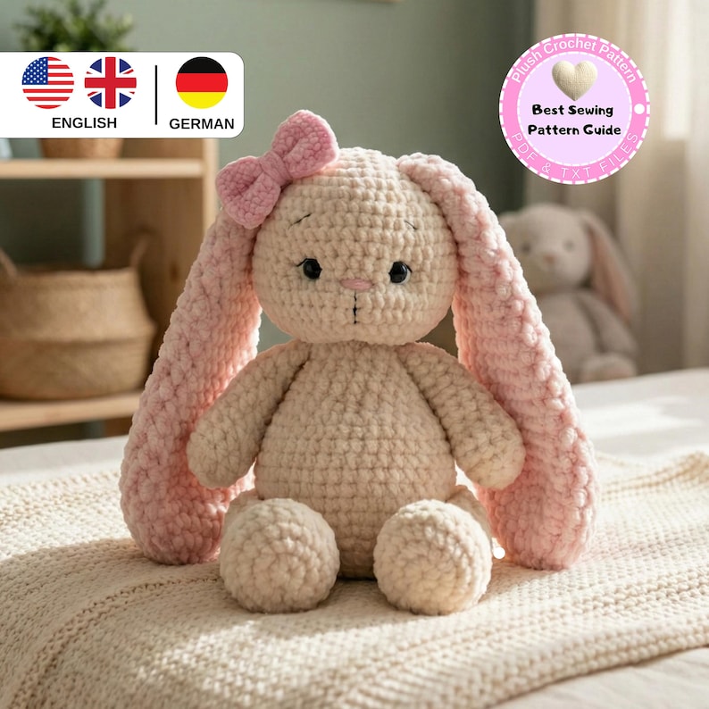 May include: A handmade plush bunny with long, floppy pink ears and a matching bow. The bunny is beige with black eyes and a stitched nose. The image also includes text that says "Plush Crochet Pattern" and "Best Sewing Pattern Guide".