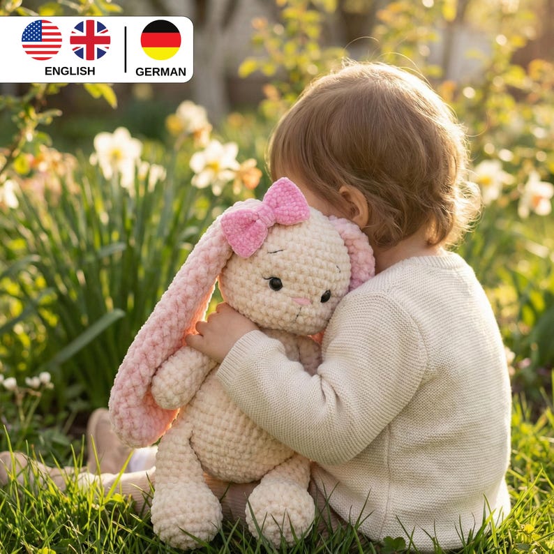 May include: A cream-colored crochet bunny with long, pink floppy ears and a pink bow. The stuffed animal is being held by a child in a field of green grass and white flowers. The bunny has black safety eyes and a stitched nose.