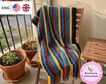 CROCHET PATTERN, Striped Crochet Blanket Pattern PDF, Chunky Colorful Throw with Fringe, Easy Beginner Afghan, Cozy Couch Blanket