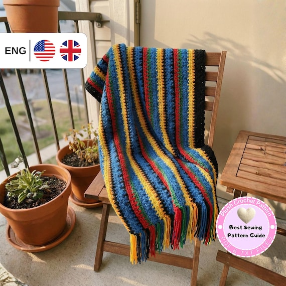 CROCHET PATTERN, Striped Crochet Blanket Pattern PDF, Chunky Colorful Throw with Fringe, Easy Beginner Afghan, Cozy Couch Blanket