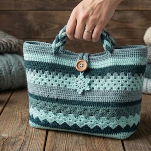 May include: A handmade crochet tote bag in shades of teal, grey, and blue. The bag features a button closure and a decorative snowflake accent. The handles are braided. The bag is sitting on a wooden surface.