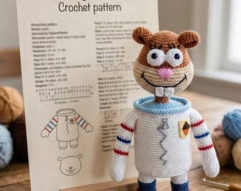 Häkelanleitung für Sandy Cheeks – Amigurumi-PDF-Tutorial, handgefertigte Cartoonfigur, Geburtstagsgeschenk für SpongeBob-Fans