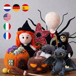 May include: A collection of crocheted amigurumi figures including a witch with orange hair, a star-shaped creature, a faceless figure in a suit, a skeleton in a black hooded robe, a grey dragon, a pumpkin-shaped basket with small round creatures, and a broom.
