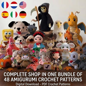 Crochet Pattern Bundle | 48 Amigurumi PDF Patterns | Complete shop in on package  | Animal & Character Plush Tutorials | Multilingual