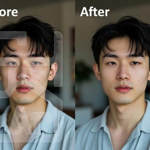Könnte beinhalten: Ein Porträt einer Person mit dunklen Haaren und einem hellblauen Hemd. Das Bild ist geteilt, mit "Vorher" links und "Nachher" rechts, was eine Veränderung zeigt. Der Hintergrund ist unscharf.