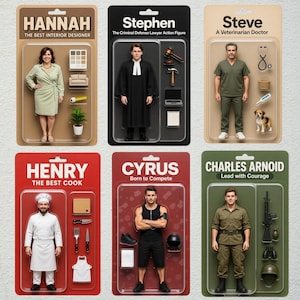 Puede incluir: Seis figuras de acción en embalaje retro, cada una representando una profesión. Las figuras incluyen una diseñadora de interiores, un abogado, un veterinario, un cocinero, un competidor y un soldado, con accesorios.