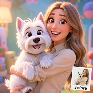 Puede incluir: Ilustración animada de una mujer sosteniendo un perro blanco con un collar rojo. La mujer tiene el pelo largo y rubio ondulado y está sonriendo. Una pequeña foto con el texto "Before" está en la esquina inferior derecha.