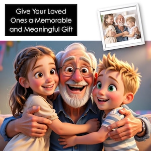 Puede incluir: Imagen animada de un abuelo abrazando a dos nietos sonrientes. El abuelo lleva gafas y una camisa vaquera. El texto "Regala a tus seres queridos un regalo memorable y significativo" está en un recuadro negro.