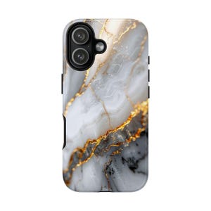 May include: A smartphone case with a marble design. The case features a white, gray, and black marble pattern with gold-colored veining. The case has a camera cutout and black side buttons.