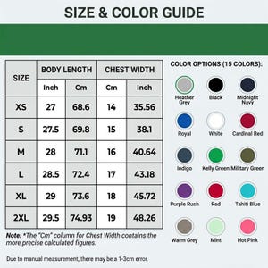 The image is a size and color guide that provides measurements and color options for various sizes of clothing. It includes a table with different sizes and corresponding chest widths, as well as color options for each size. The guide also includes a note about the "CM" column for chest width, which contains more precise measurements. The image is a collage of multiple images, and there may be a 1-3 cm error due to manual measurement.