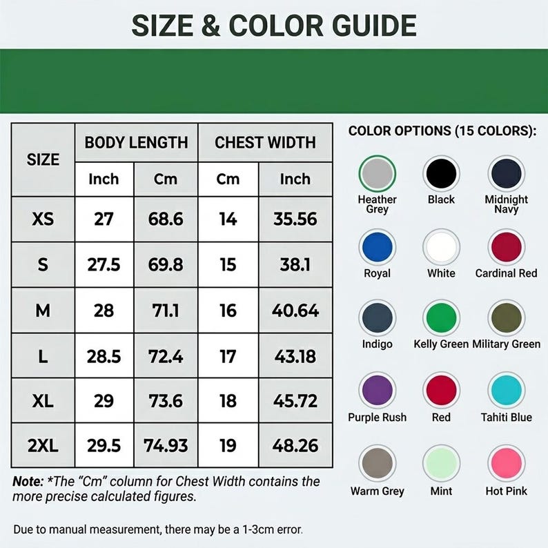 The image is a size and color guide that provides measurements and color options for various sizes of clothing. It includes a table with different sizes and corresponding chest widths, as well as color options for each size. The guide also includes a note about the "CM" column for chest width, which contains more precise measurements. The image is a collage of multiple images, and there may be a 1-3 cm error due to manual measurement.