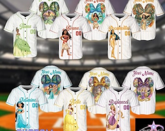 Disney Princess Baseball Jersey, Cinderella Elsa Mulan Moana Belle Ariel Shirt, Custom Name Number, Family Trip Matching Outfit