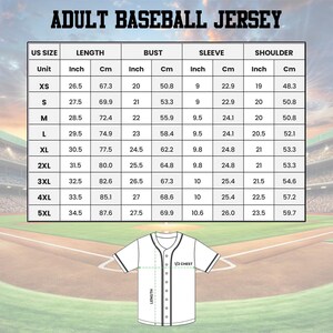 The image is an adult baseball jersey size chart, providing measurements for different US sizes (XS, S, M, L, XL, and 5XL) and corresponding bust, sleeve, and shoulder measurements.