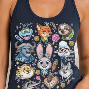 a woman wearing a tank top with a bunch of cartoon characters on it