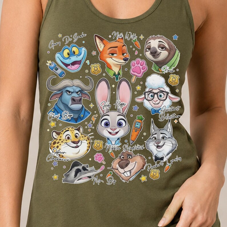 A person wearing a green tank top with a collage of various cartoon animal characters and their names printed on it.