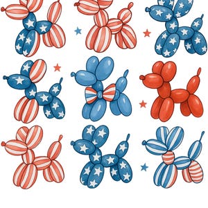Patriotisk ballonghund PNG-paket, USA:s flagga ballongdjur Clipart, 4 juli akvarell PNG, amerikansk hund sublimeringsdesign