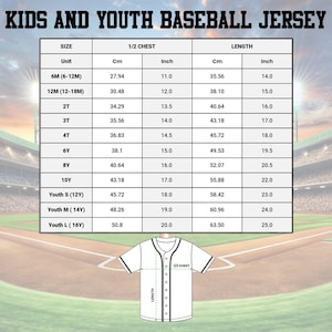 The image is a size chart for kids and youth baseball jerseys, providing measurements for different age groups.