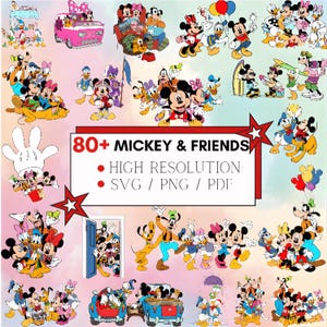 May include: A vibrant digital graphic showcasing Mickey Mouse, Minnie Mouse, Donald Duck, and Goofy, among other cartoon characters. The image includes the text "80+ MICKEY & FRIENDS" and details about high resolution SVG, PNG, and PDF formats.