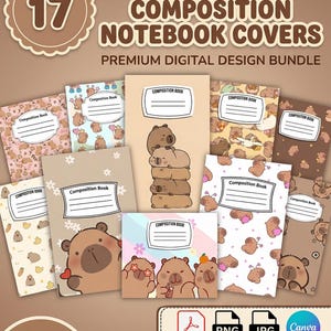 Könnte beinhalten: Eine Sammlung von 17+ niedlichen Capybara-Kompositionsheft-Covern. Die Cover zeigen verschiedene Designs mit Capybara-Illustrationen, darunter gestapelte Capybaras, Blumenmuster und Capybaras mit Accessoires. Erhältlich in PDF-, PNG-, JPG- und Canva-Formaten.
