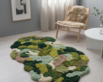 Handmade Moss Style Abstract Green Area Rug – Irregular Boho Living Room Carpet