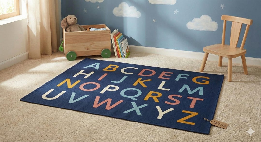 Alphabet Nursery Rug, Educational Kids Play Mat, Boho ABC Area Rug for