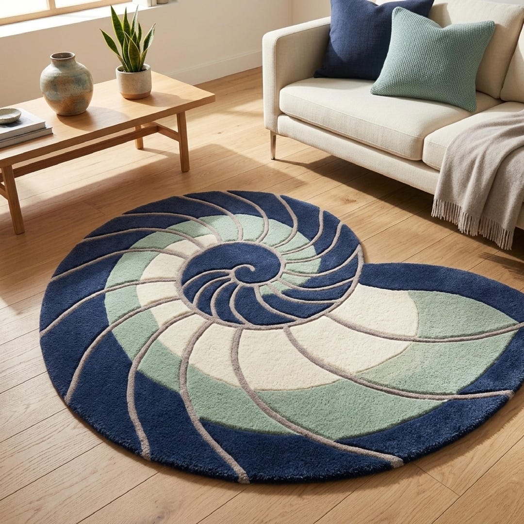 Nautilus Shell Tufted Rug Navy Blue Coastal Area Rug Hand Tufted Wool ...