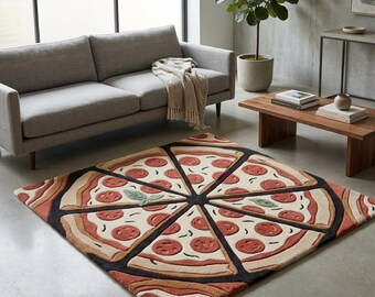 Tappeto trapuntato a forma di pizza, fatto a mano, con motivo a pepperoni, ideale per la decorazione della cucina, tappeto grande e divertente su misura per la stanza dei giochi, idea regalo unica per l'inaugurazione della casa.