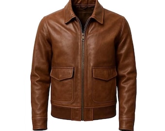 Handmade Full Grain Leather Bomber Jacket | Cognac Brown