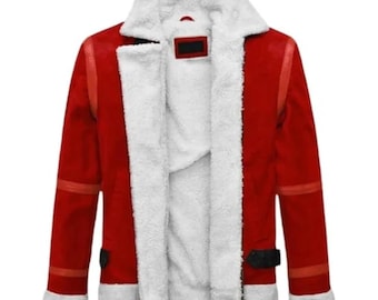 May include: A red jacket with a white faux fur collar and lining. The jacket has a zip closure, black buckles, and white trim on the cuffs. The jacket is a winter coat.