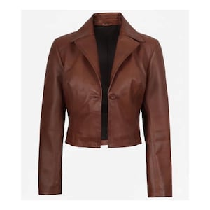 Brown Leather Blazer Women | Cropped Lambskin Jacket | Single Button Blazer | Office Casual Wear | Gift for Her | Free Shipping