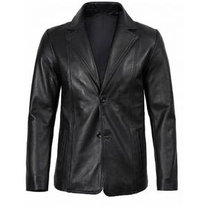 May include: A black leather blazer featuring a notched lapel collar, long sleeves, and a two-button front closure. The jacket includes two vertical slit pockets at the waist and vertical seam detailing running down the front panels for structure.