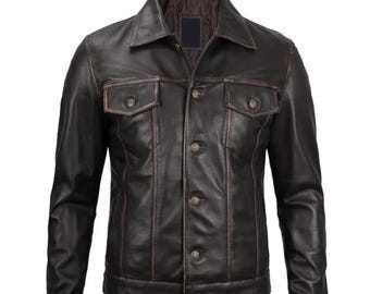 Handmade Full Grain Dark Brown Leather Trucker Jacket - Vintage Shirt Jacket