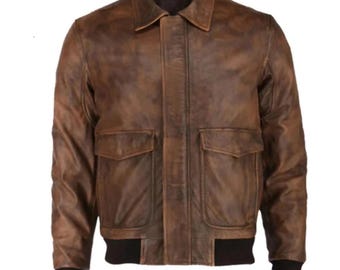 Handmade Distressed Brown Leather Bomber Jacket | Vintage Biker Style