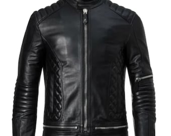 Handmade Black Leather Bomber Biker Jacket | Legend Style, Quilted Lining