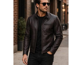 Chaqueta de cuero marrón oscuro para hombre, estilo Cafe Racer, de piel de vacuno auténtica, corte ajustado, ideal para motociclistas. Regalo artesanal para amantes de los motociclistas.